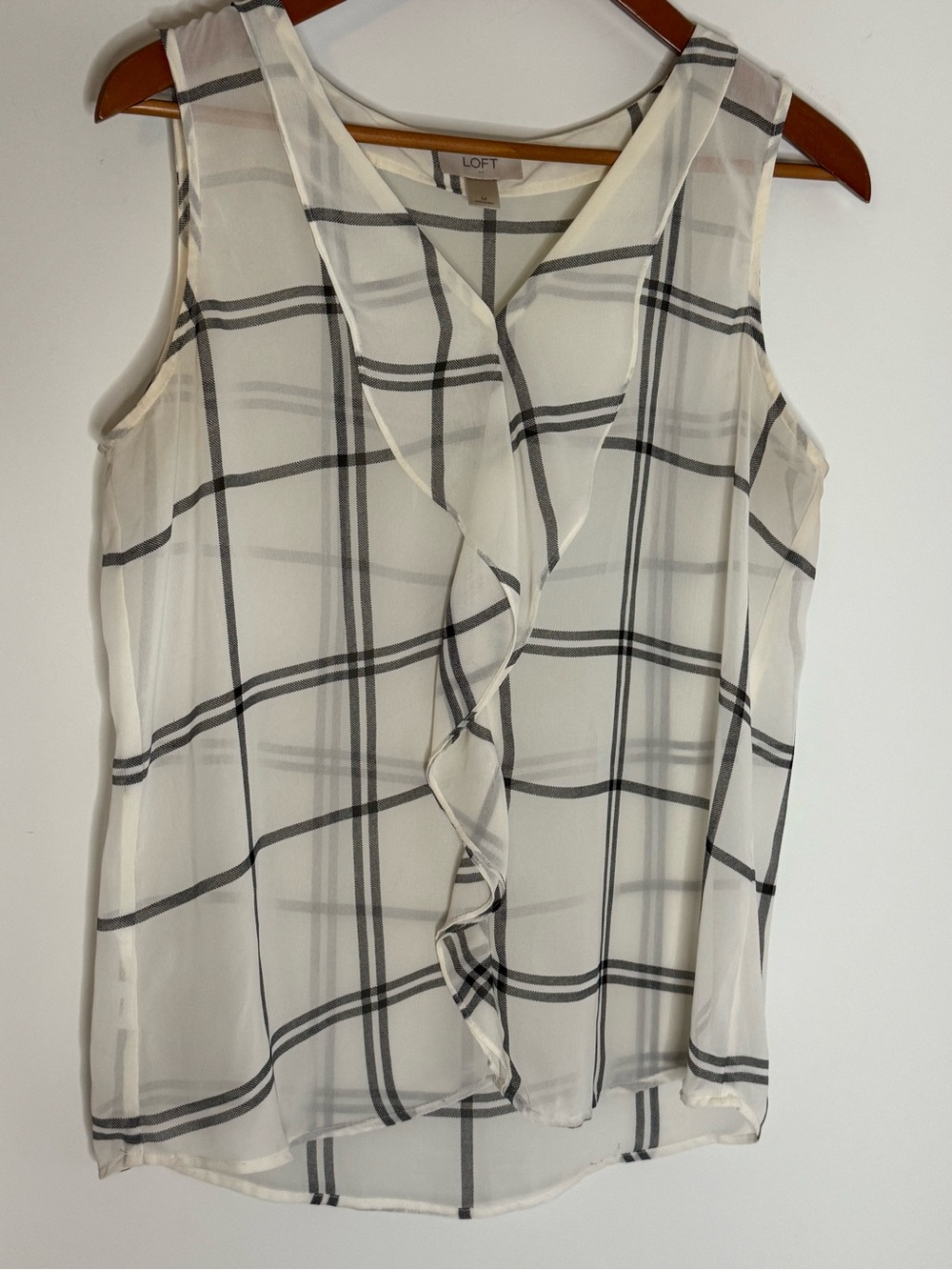 LOFT Black and White Plaid Ruffle Front Sleeveless Blouse